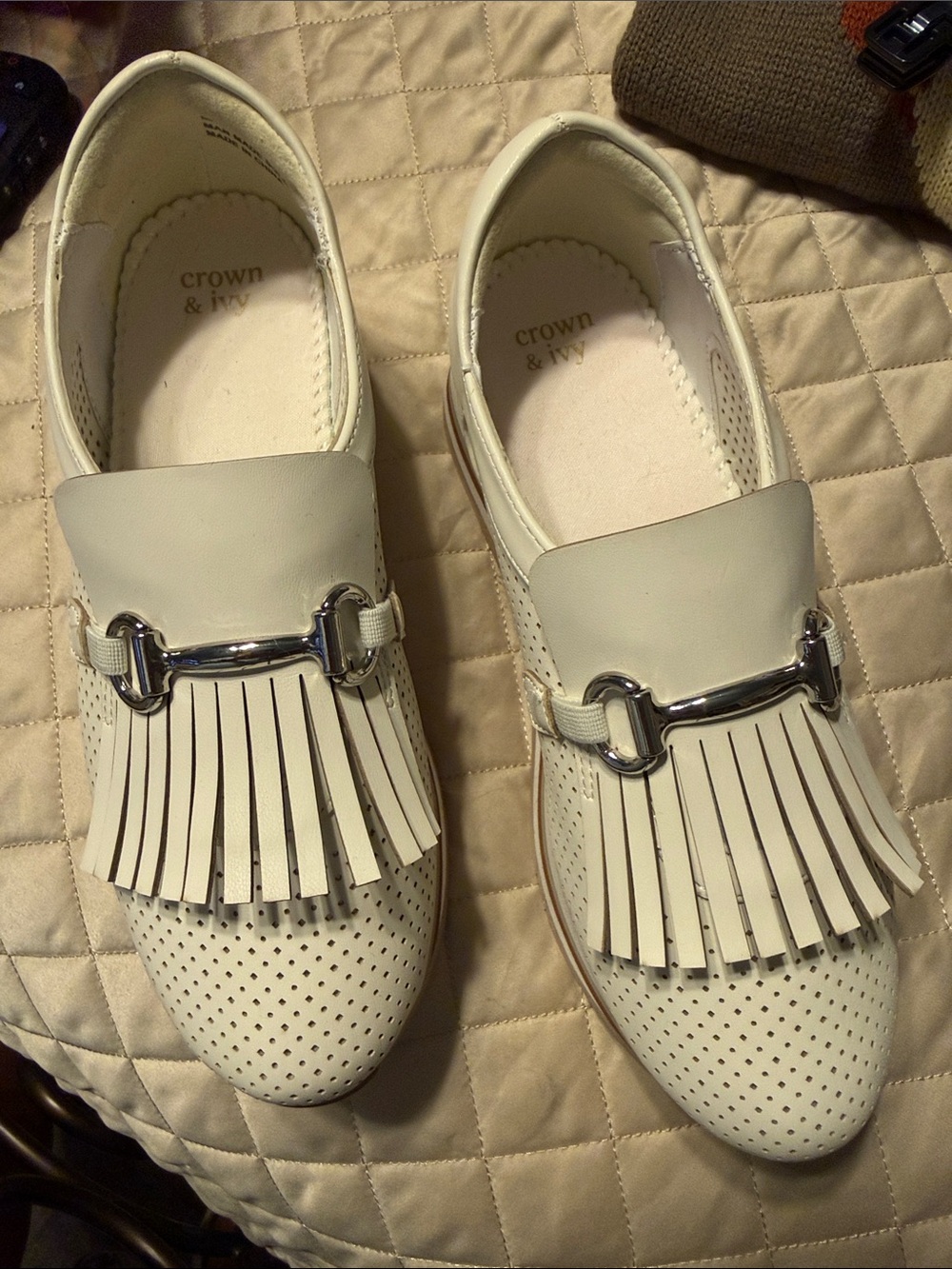 crown & ivy Cream Fringe Slip-On Loafers with Silver Bit